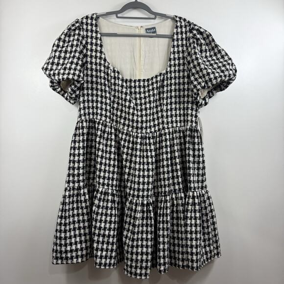 New Arula 1X Black White Gingham Plaid Babydoll Mini Dress Puff Sleeve Preppy - Picture 12 of 13